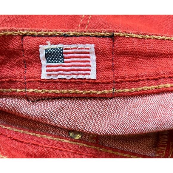 True Religion Halle Phantom American Flag Logo Tomato Red Skinny Jeans, Size 27 - Picture 10 of 16